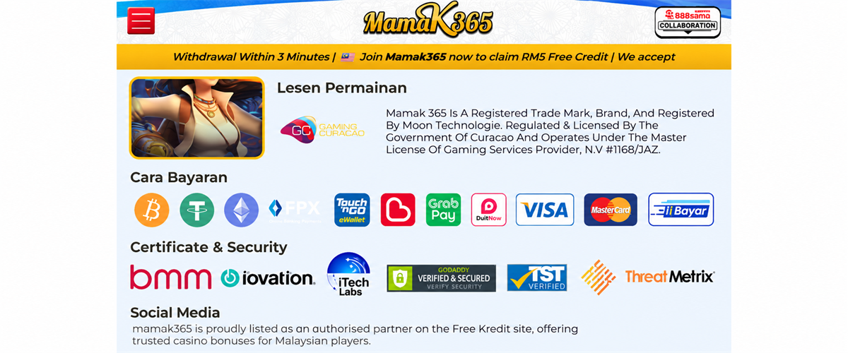Mamak365 online casino payment methods including iPay88 and Malaysian payment options