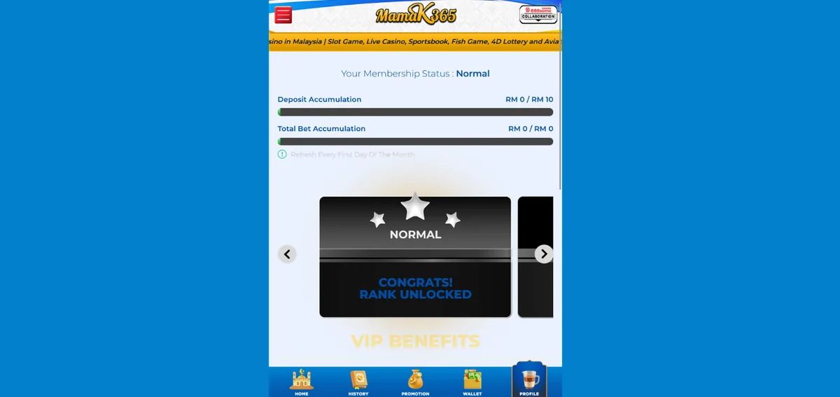 Mamak365 mobile membership and VIP screen