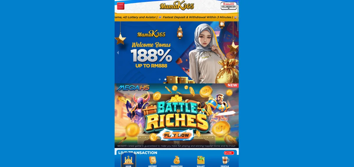 Mamak365 casino homepage with games and promotional banners